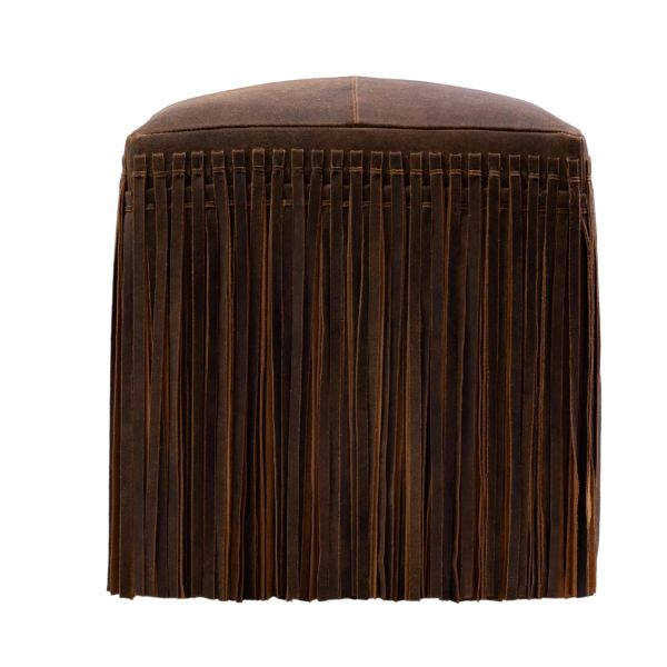Ottoman Square - Fringe Leather Vintage Brown