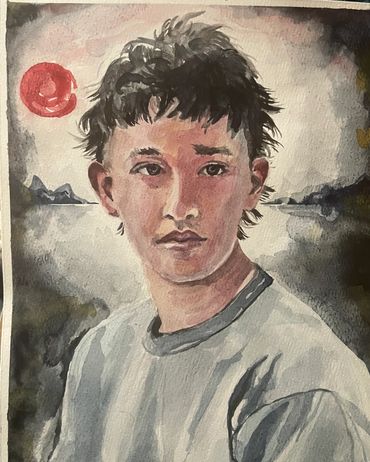 Watercolor portrait of a young man with tousled hair and a red sun in the background.