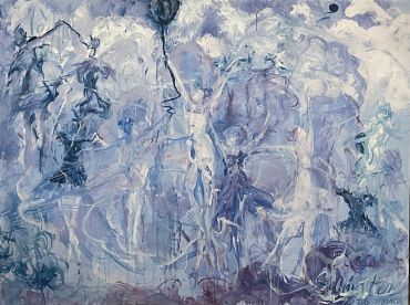 Abstract painting with ethereal figures in blue and white tones.