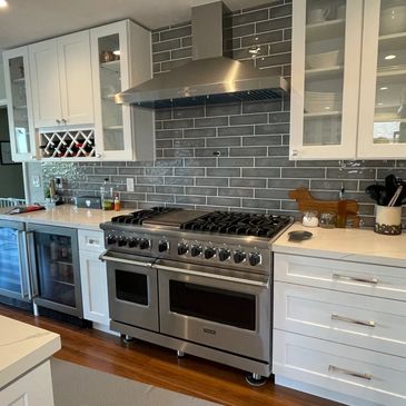 Venting, appliance install, tile work, shaker cabinets, Dry Bar, quartz countertops