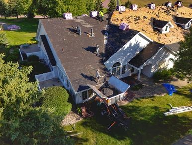 Aerial drone photo of a roofing project in Saint Peter, Minnesota