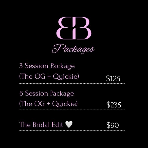 Price list for session packages including 3 and 6 sessions and a bridal edit.