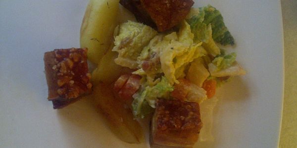 roast pork belly with creamed cabbage and apple