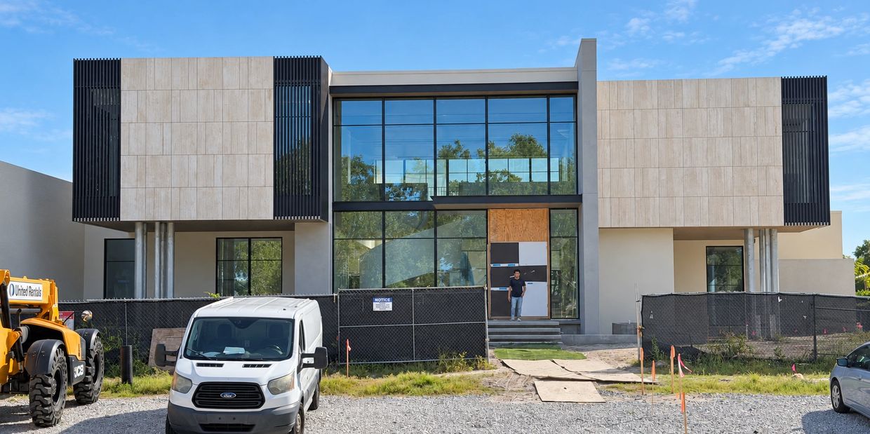 Modern two-story building under construction with a person standing in the doorway.