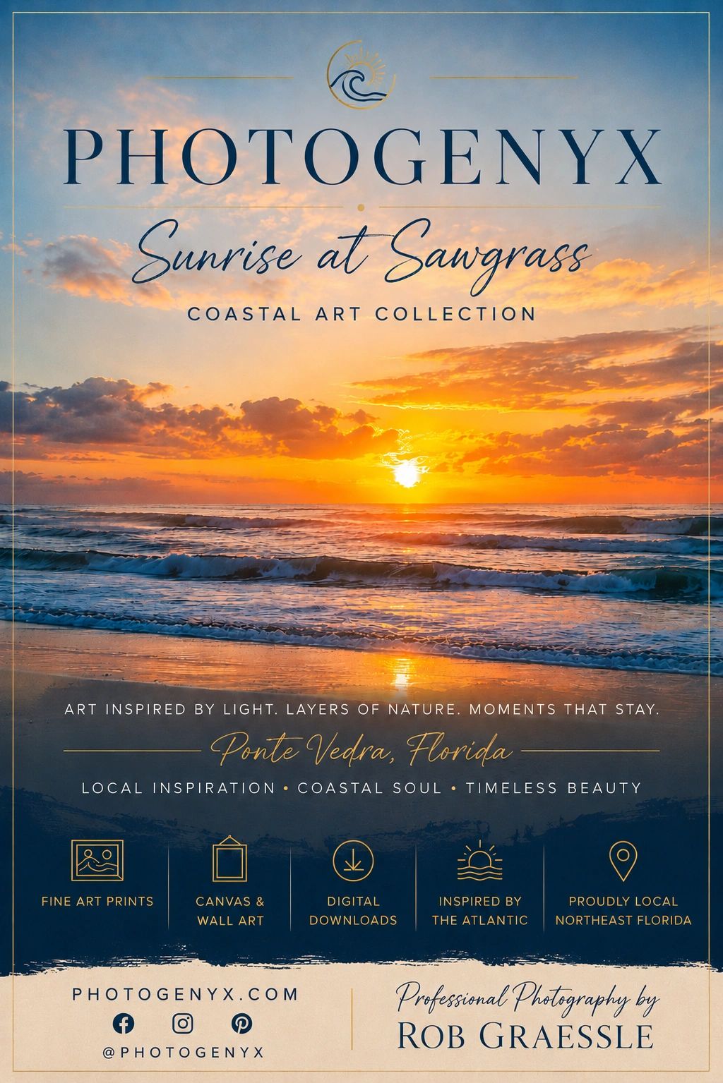 Sunrise over waves at Sawgrass, coastal art by Photogenyx.