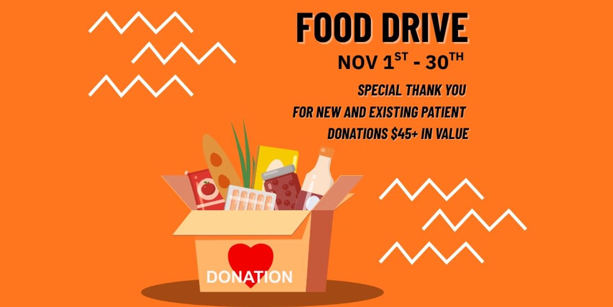 Illustration promoting a November food drive with donations over $45 appreciated.