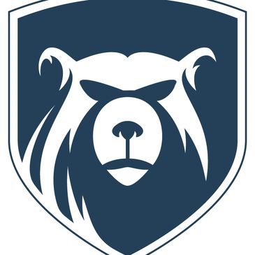 Stylized bear face logo in a shield shape, dark blue and white.