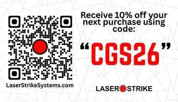 Discount offer for Laser Strike with code CGS26 and QR code.