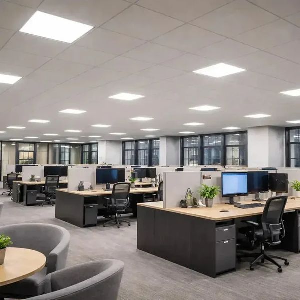 Modern spacious office with multiple workstations.