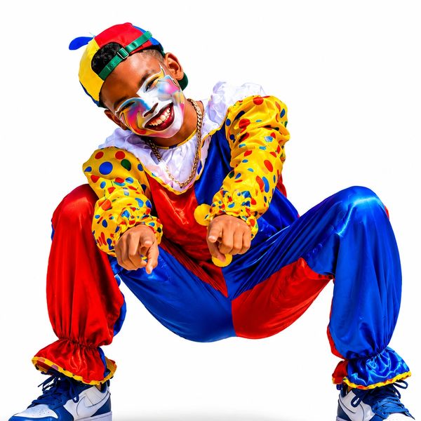 A joyful clown in colorful costume pointing playfully.