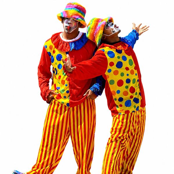 Two colorful clowns with rainbow hats and striped pants posing joyfully.