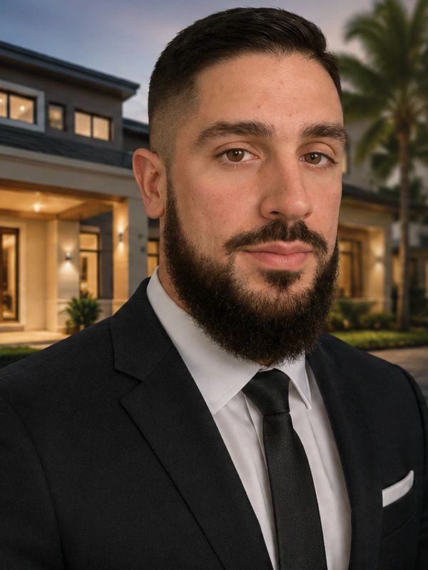 Man in a suit with a beard outdoors near a modern house.