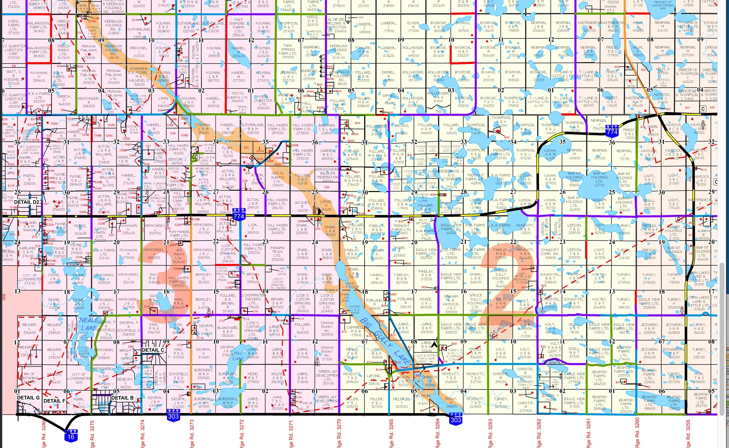 Detailed land ownership and subdivision map with lakes and roads.