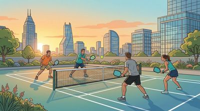 Four people playing pickleball on a rooftop court with a city skyline at sunset.