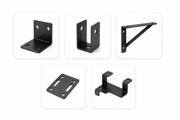 Set of five black metal brackets with various shapes.