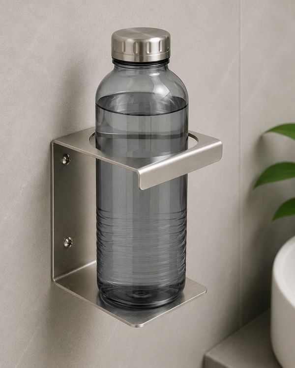 A transparent water bottle in a stainless steel wall-mounted holder.