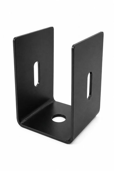 Black metal U-shaped bracket with holes.
