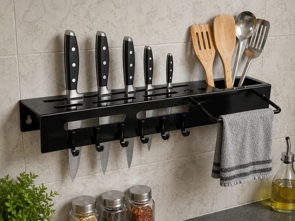 Wall-mounted kitchen knife holder with utensils and hooks.