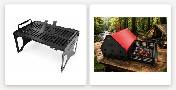 Portable black metal grill and small red camping stove.