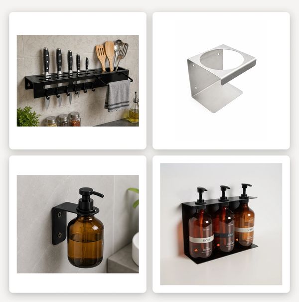 Various black and silver wall-mounted kitchen and bathroom holders.