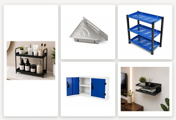 Various storage and shelving units including racks, cabinets, and brackets.
