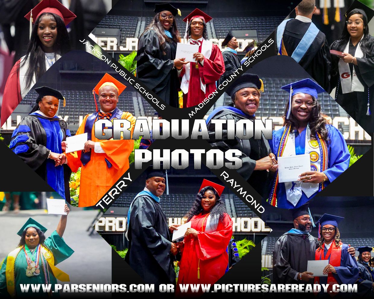 Collage of diverse graduates in caps and gowns receiving diplomas.