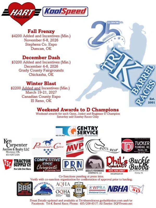 Flyer for Tri-K Barrel Races 25th Anniversary events and sponsors.