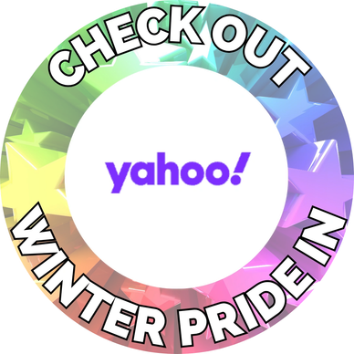 Yahoo logo with a colorful pride-themed border.