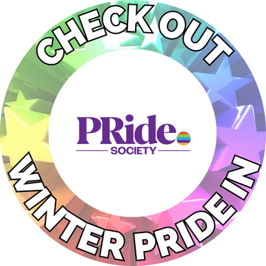Colorful circular badge promoting winter pride with Pride Society logo.