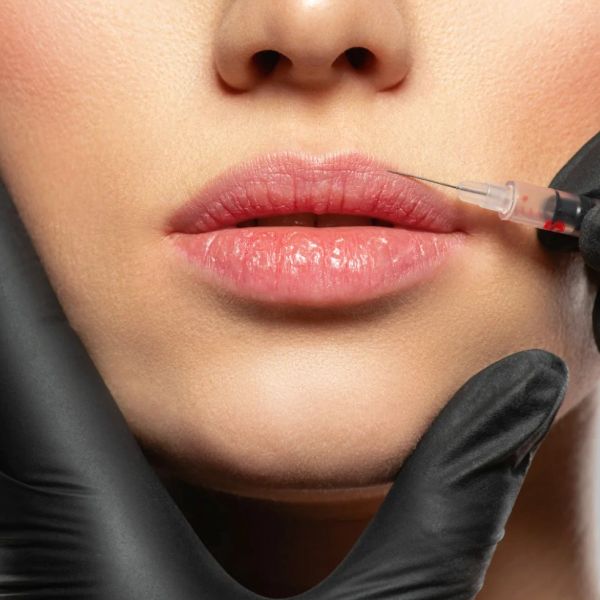 Lip injection procedure with syringe.