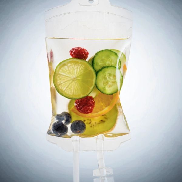 IV bag filled with fruits and water.