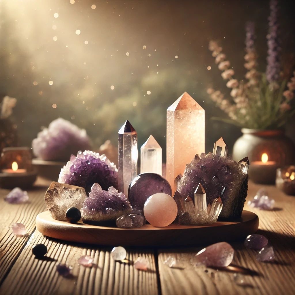 A wooded disc with crystals on it on a desk. 