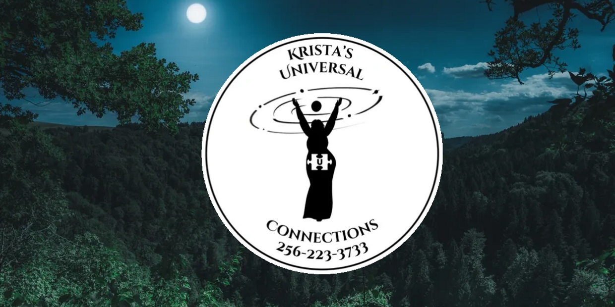 Krista's Universal Connections Logo in a forest at night with a moon above it.