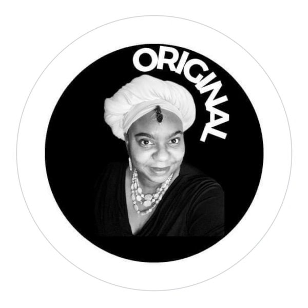 In a black shirt  white turban, Krista radiates mystical energy, framed by concentric white circles.