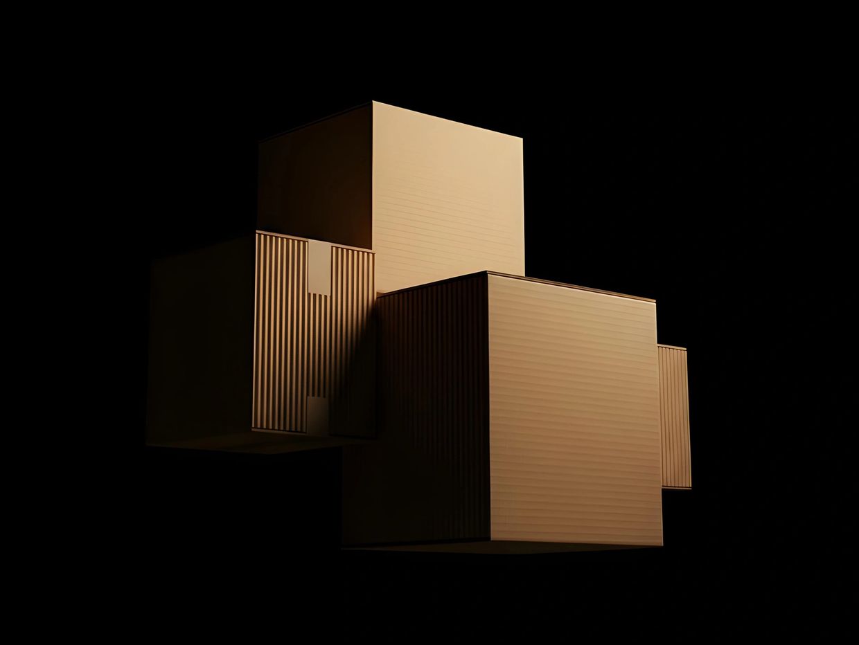 Minimalist abstract sculpture of four interconnected beige cubes against black background.