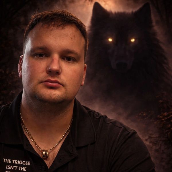 Man with gold chain and glowing-eyed wolf in dark background.