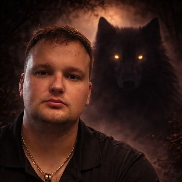 Man with serious expression and glowing-eyed wolf silhouette in background.