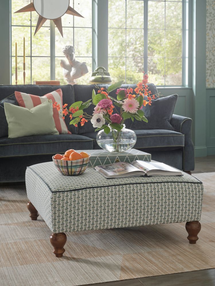 Blue sofa with ottoman coffee table 