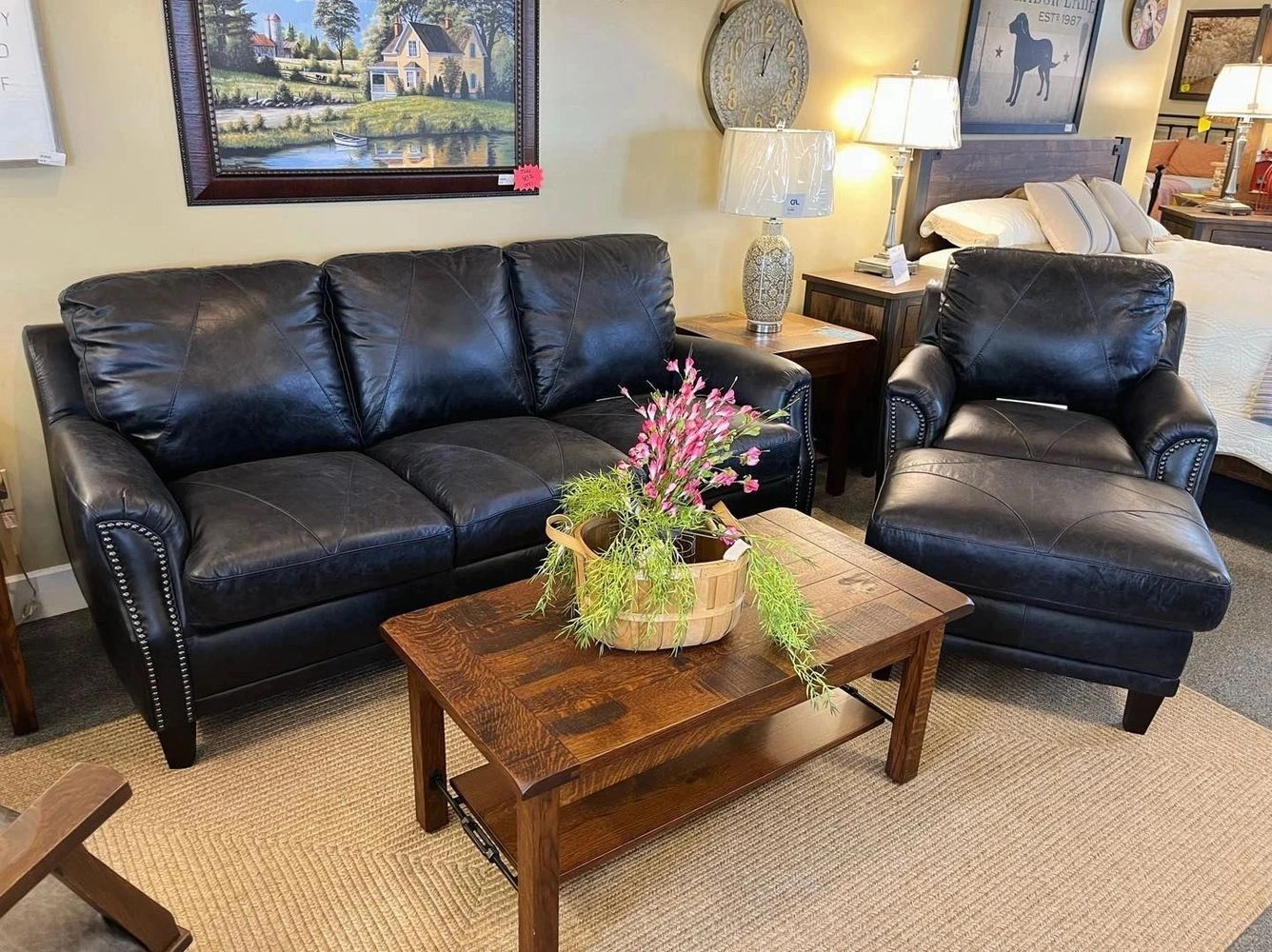 Navy blue leather sofa and chair 