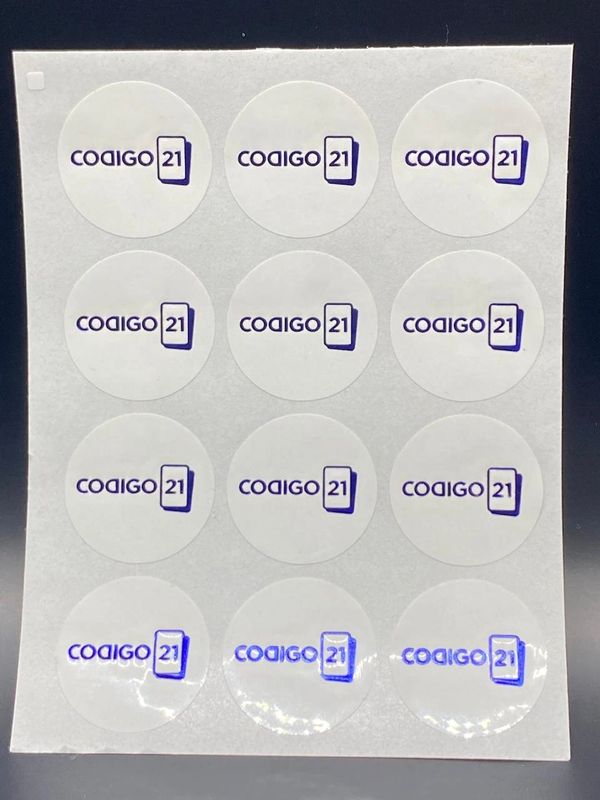 Stickers plastificados blancos con tamper de seguridad VOID