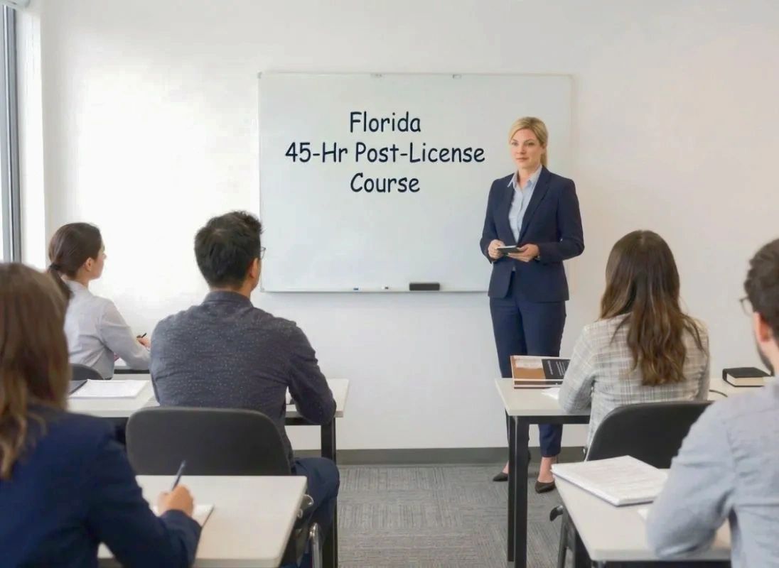 Instructor teaching a Florida 45-hour post-license course to attentive students.