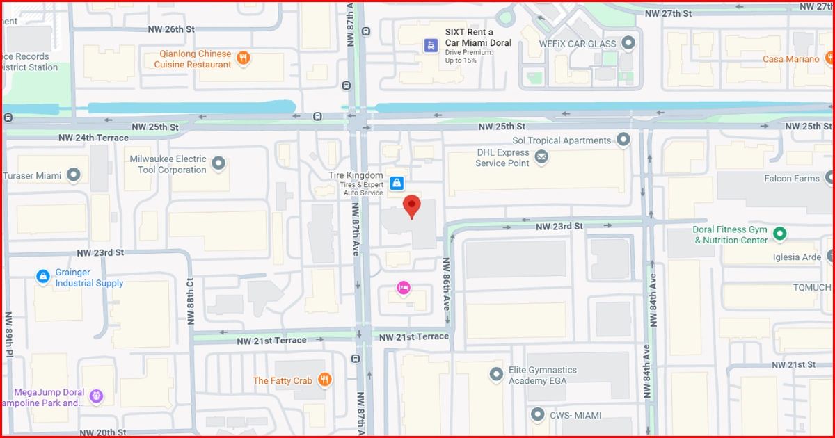 Map showing streets and landmarks in a Miami area with a red location marker.