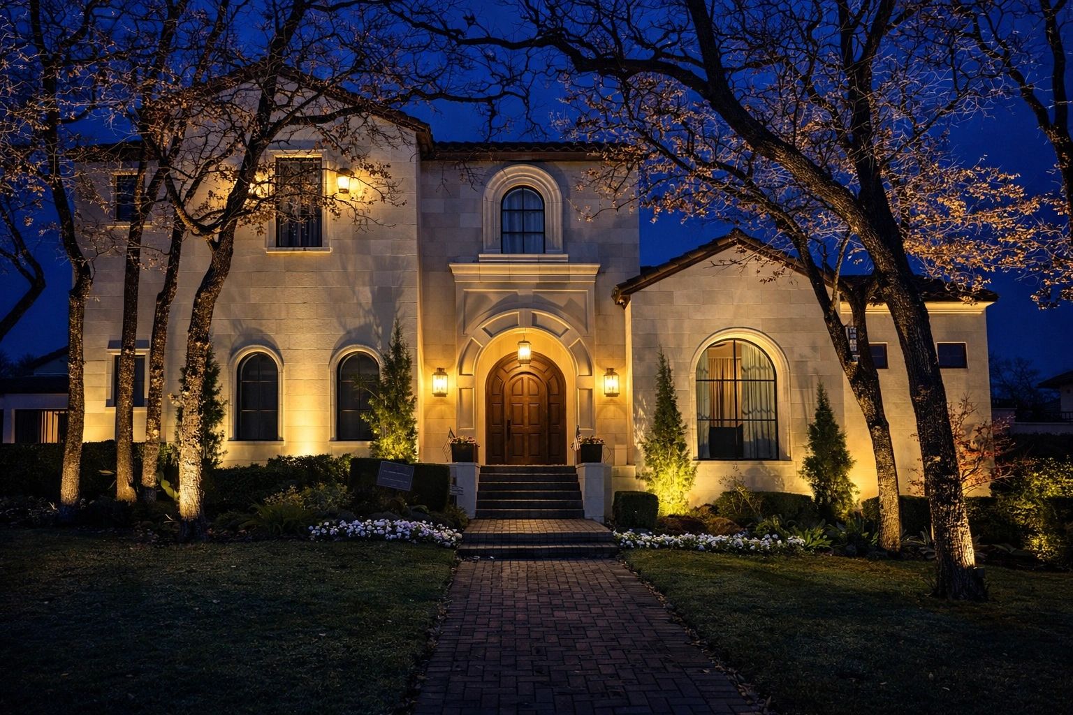 Beautifully lit house entrance at twilight with trees and flowers.