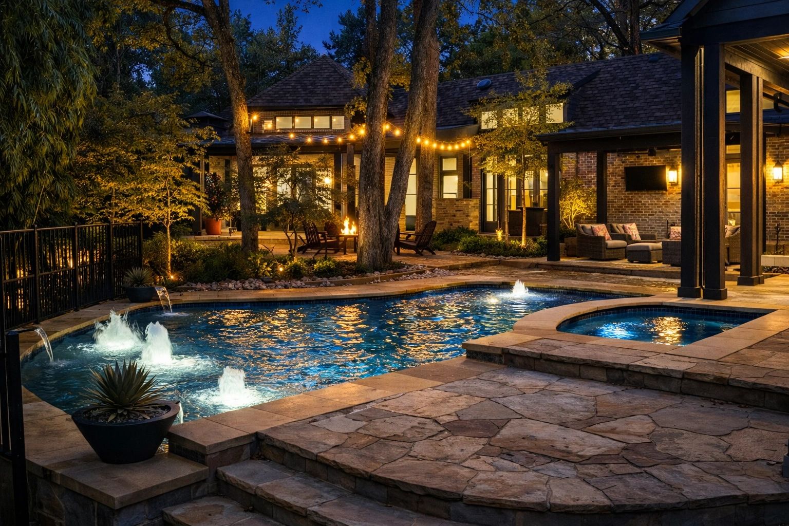 Elegant backyard pool with ambient lighting and cozy seating area at night.