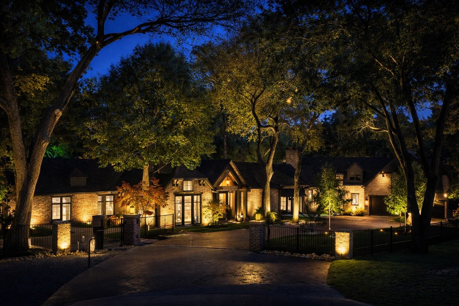 A beautifully lit house at night surrounded by large trees and a gated driveway.