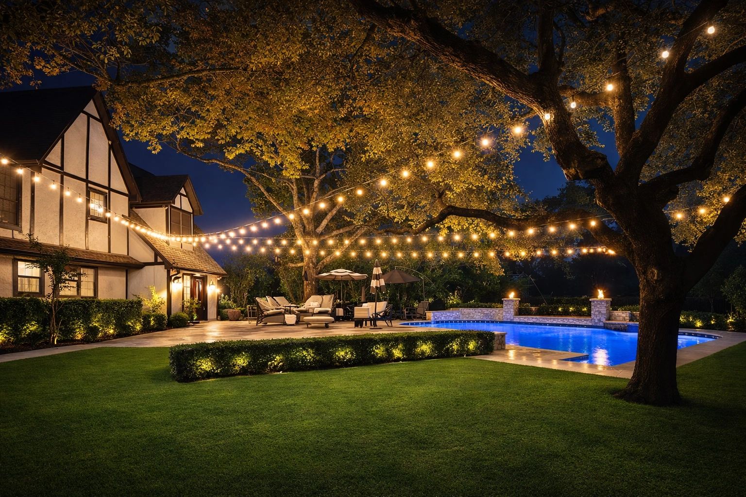 Cozy backyard with string lights and a glowing pool at night.