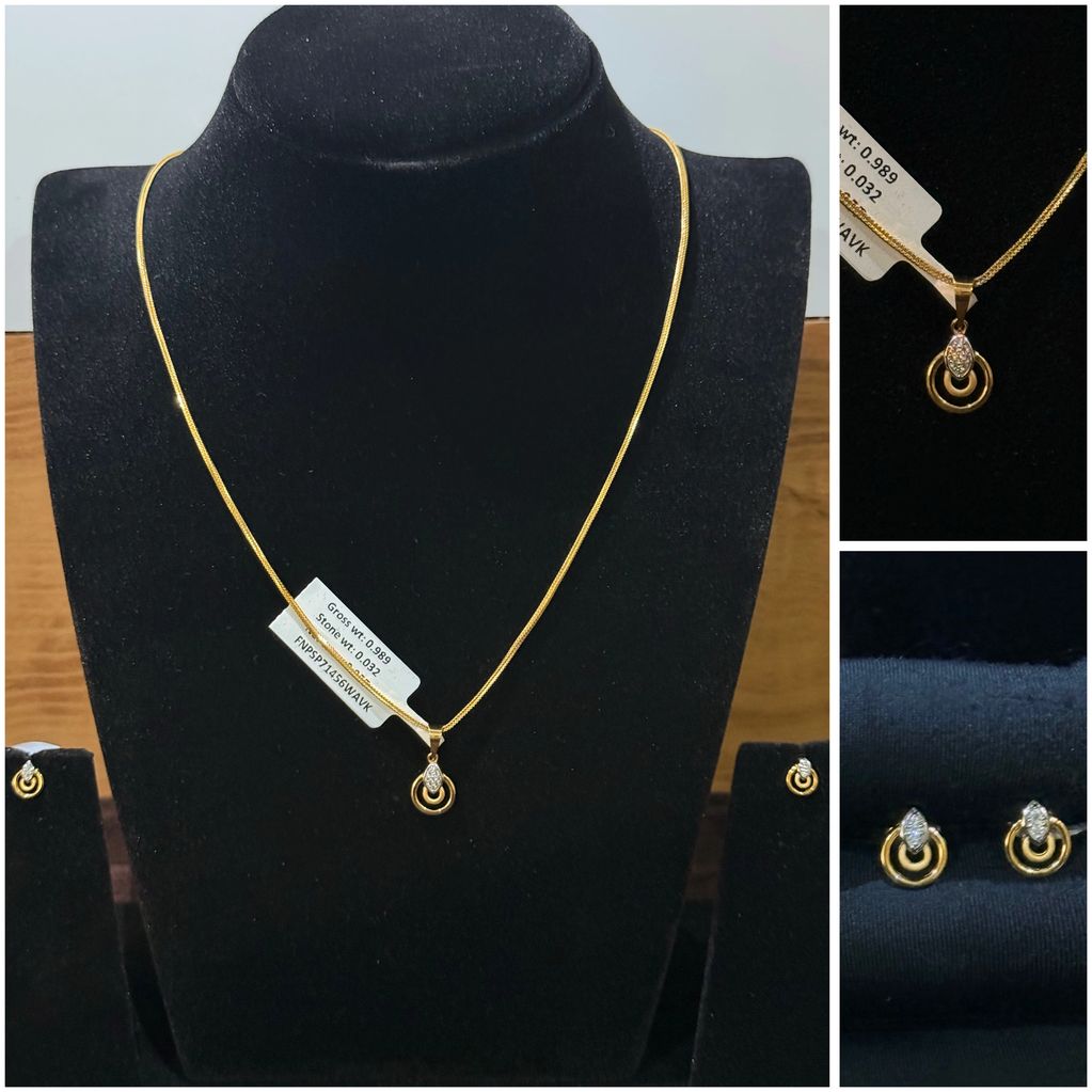 Gold necklace and matching earrings set with small stone detailing.