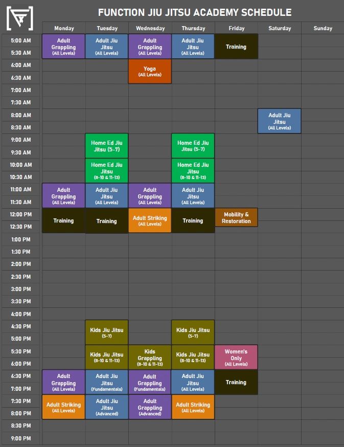 Weekly schedule for Function Jiu Jitsu Academy showing classes by day and time.