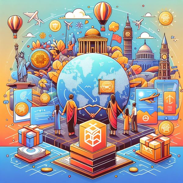 Digital art showing global unity with landmarks, technology, and people.