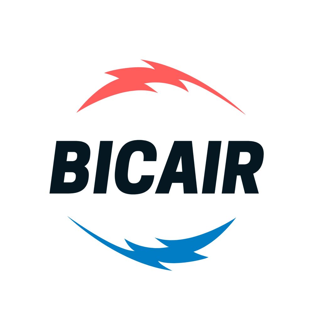 BICAIR logo with dynamic red and blue swooshes.